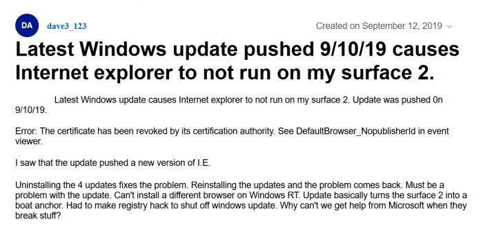 微软KB4516067补丁出问题 令Surface上的IE无法工作