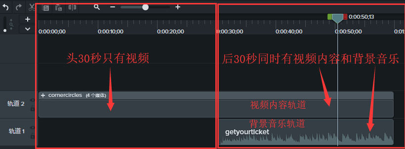 图片4：Camtasia中拖动背景音乐内容放置在视频后半段