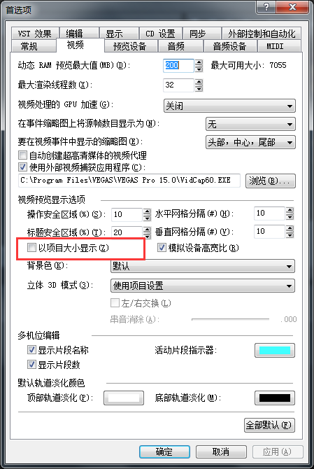 VEGAS中勾选以项目大小显示