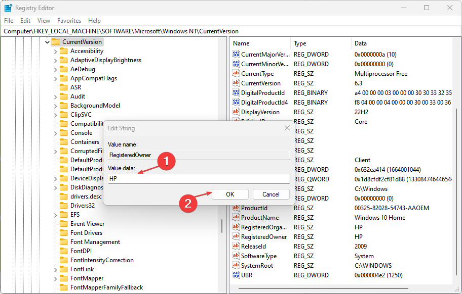 如何更改 Windows 11 注册表所有者名称