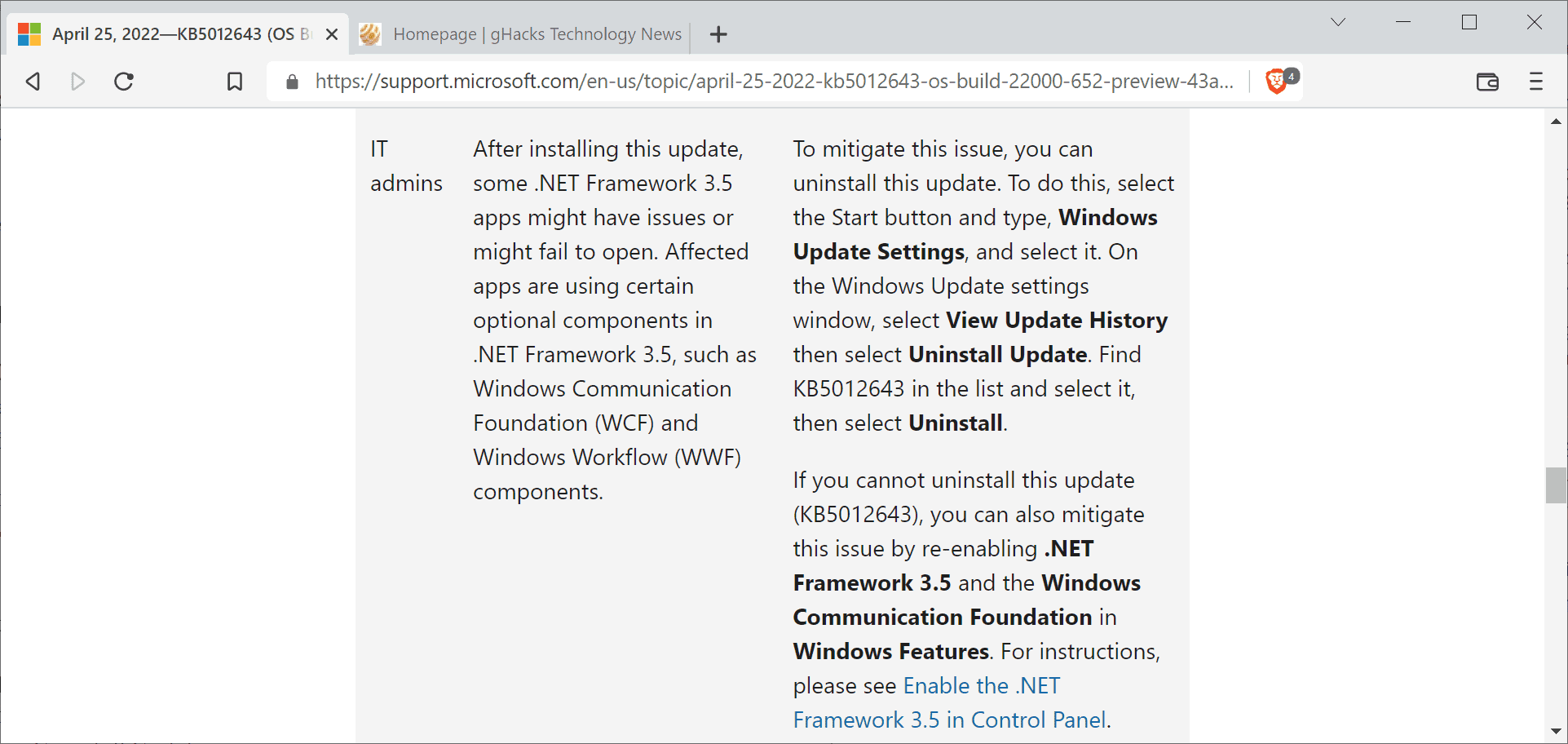 适用于 Windows 11 的 KB5012643 可能会使某些 .Net 应用程序崩溃