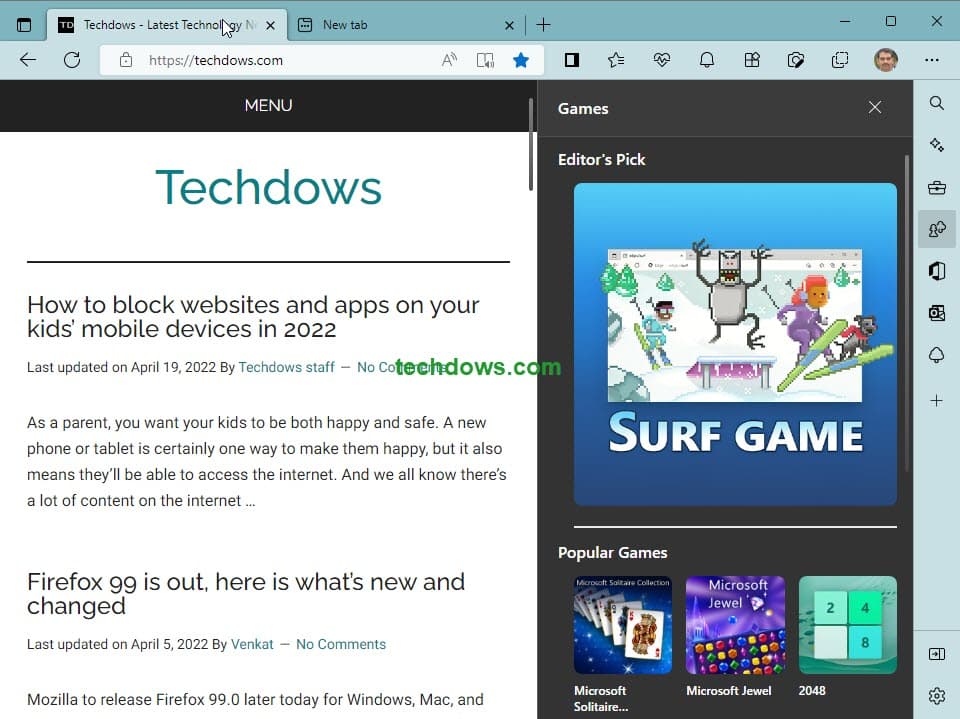Microsoft Edge 为 Bing 搜索、Office、游戏等提供侧边栏