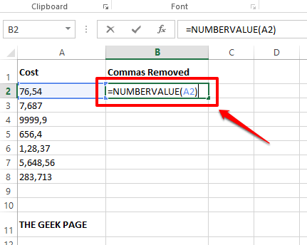 如何从 Excel 中的数字值和文本值中删除逗号