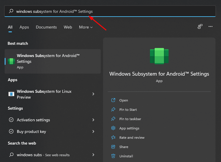 在 Windows 11 上卸载 Android 应用安装程序 (WSA)