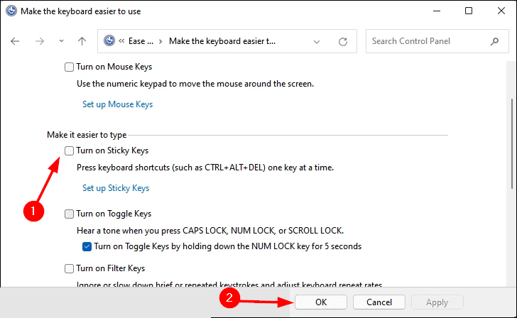 如何在 Windows 11 中打开或关闭粘滞性键?