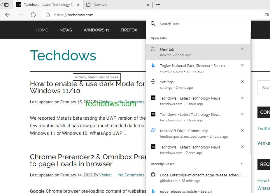 如何在Microsoft Edge v100 开发通道中启用选项卡搜索？