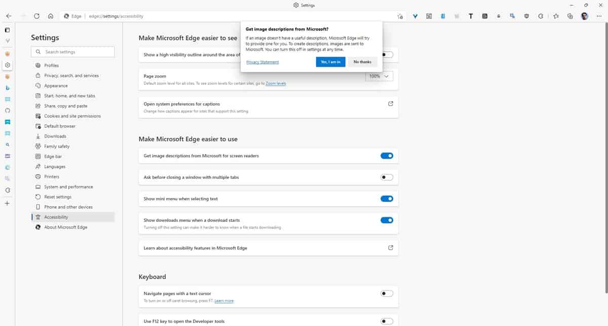 Microsoft Edge现在可以自动生成图像标签,方便讲述人和屏幕阅读器使用。