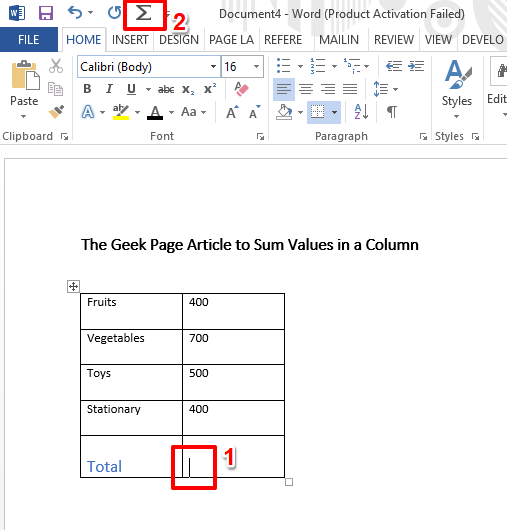 如何在 Microsoft Word 中对列中的值求和