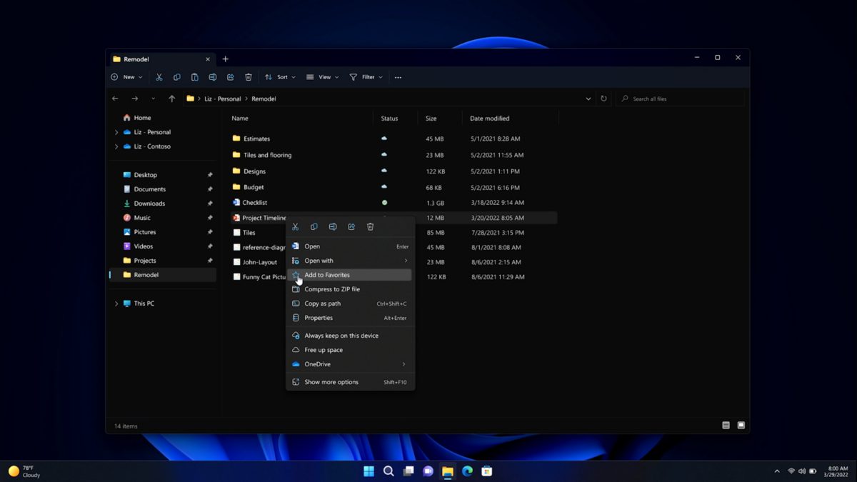 Windows 11 文件资源管理器包含选项卡、主页和收藏夹