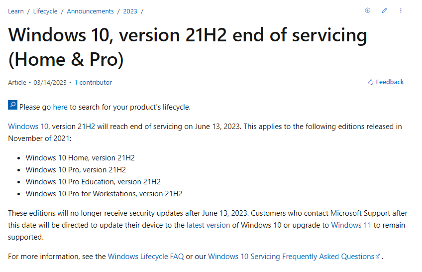 微软宣布终止Windows 10 21H2版本服务,之后不再接收安全更新