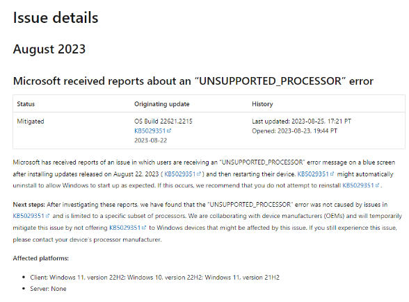 Win11用户在8月遭遇处理器兼容问题:蓝屏问题曝光