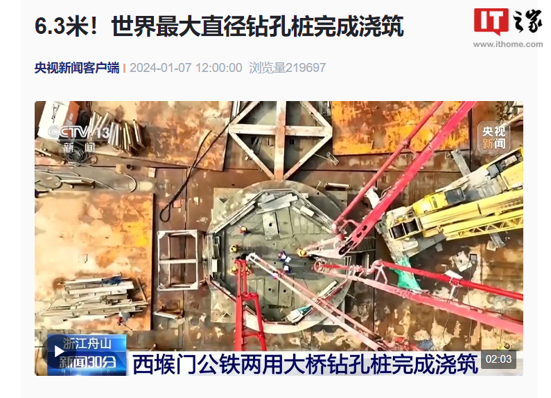 直径 6.3 米,我国完成世界最大直径钻孔桩浇筑