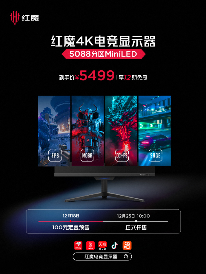 红魔 5088 分区 Mini LED 电竞显示器今日开售:4K160Hz,到手 5499 元