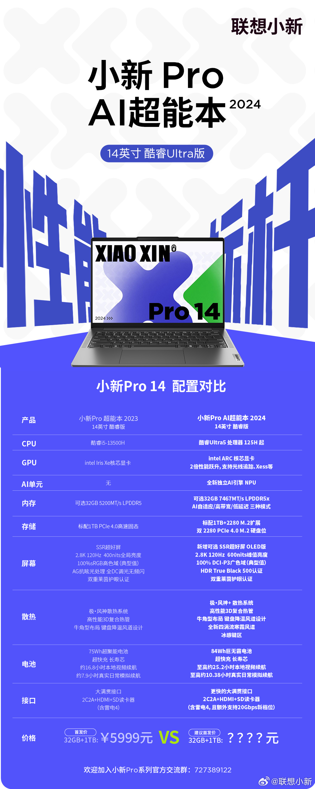 联想小新 Pro 14 2024 笔记本披露规格：装有英特尔酷睿 Ultra 处理器，配备 84Wh 电池