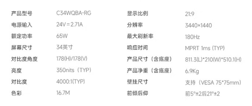 小米 Redmi 34 英寸电竞显示器 G34WQ 开售:180Hz 曲面屏,售价 1499 元