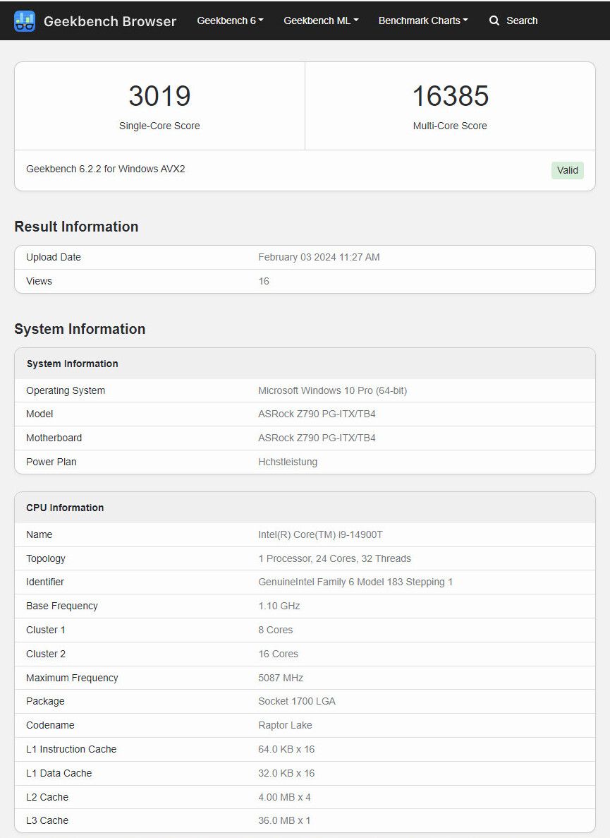 英特尔酷睿 i9-14900T 处理器跑分曝光,多核比 14900K 低 22%