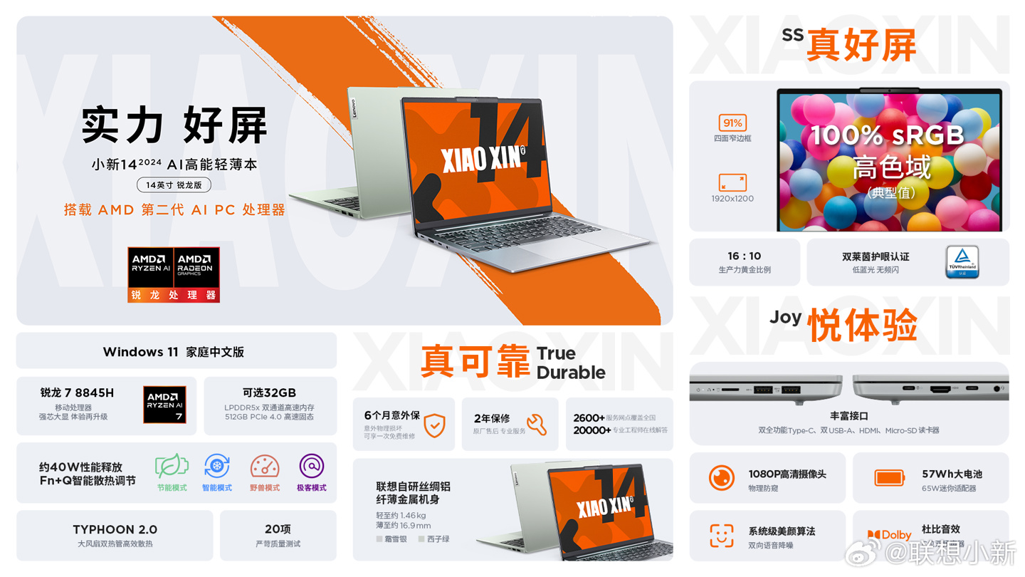 联想小新 Pro 2024 AI 锐龙版笔记本 2 月 21 日发布,R7 8845H 处理器