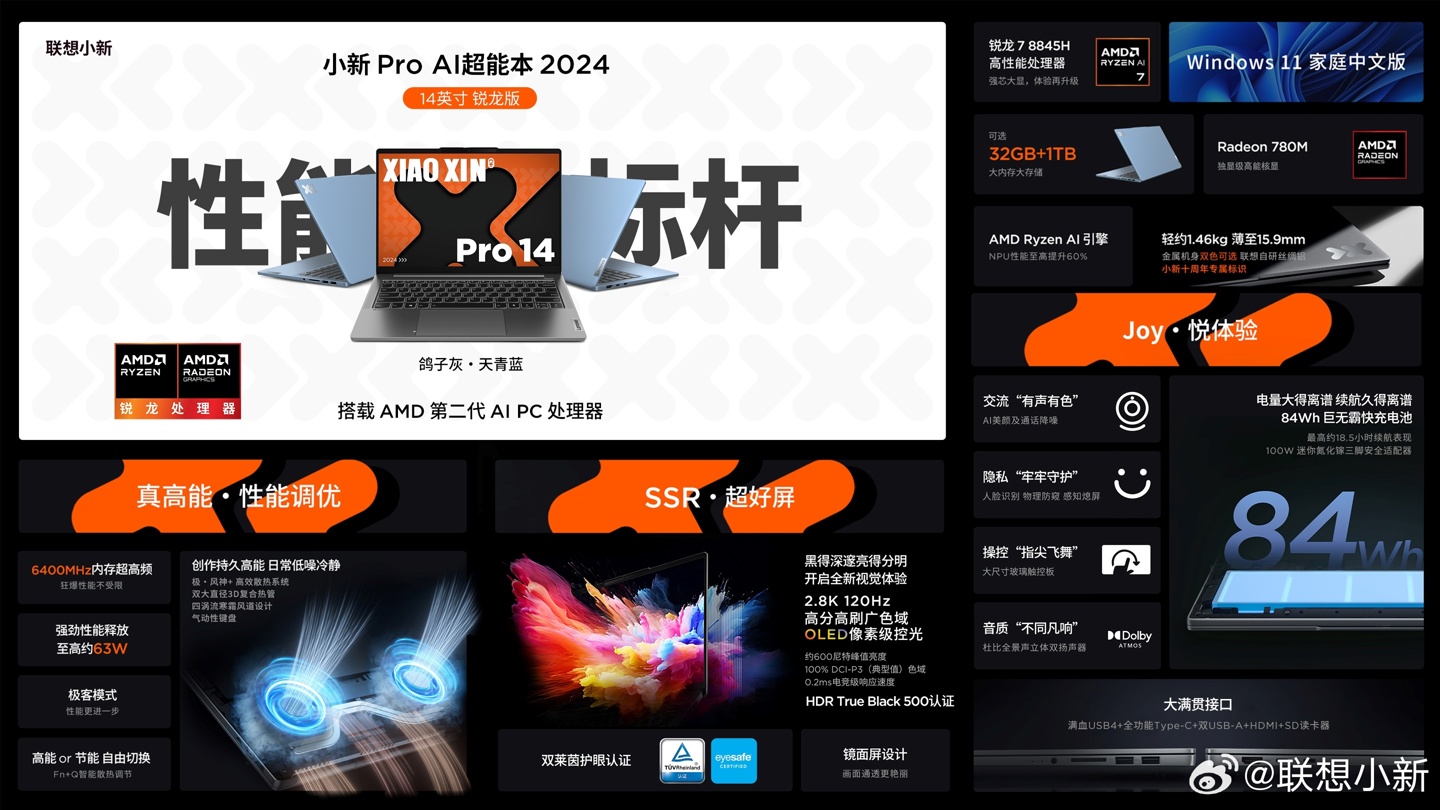 联想小新 Pro 2024 AI 锐龙版笔记本 2 月 21 日发布,R7 8845H 处理器