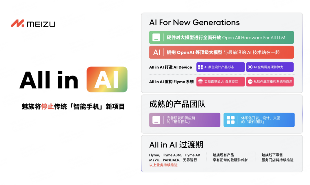 魅族宣布 All in AI 战略调整,智能手机业务仍继续保留软硬件维护服务