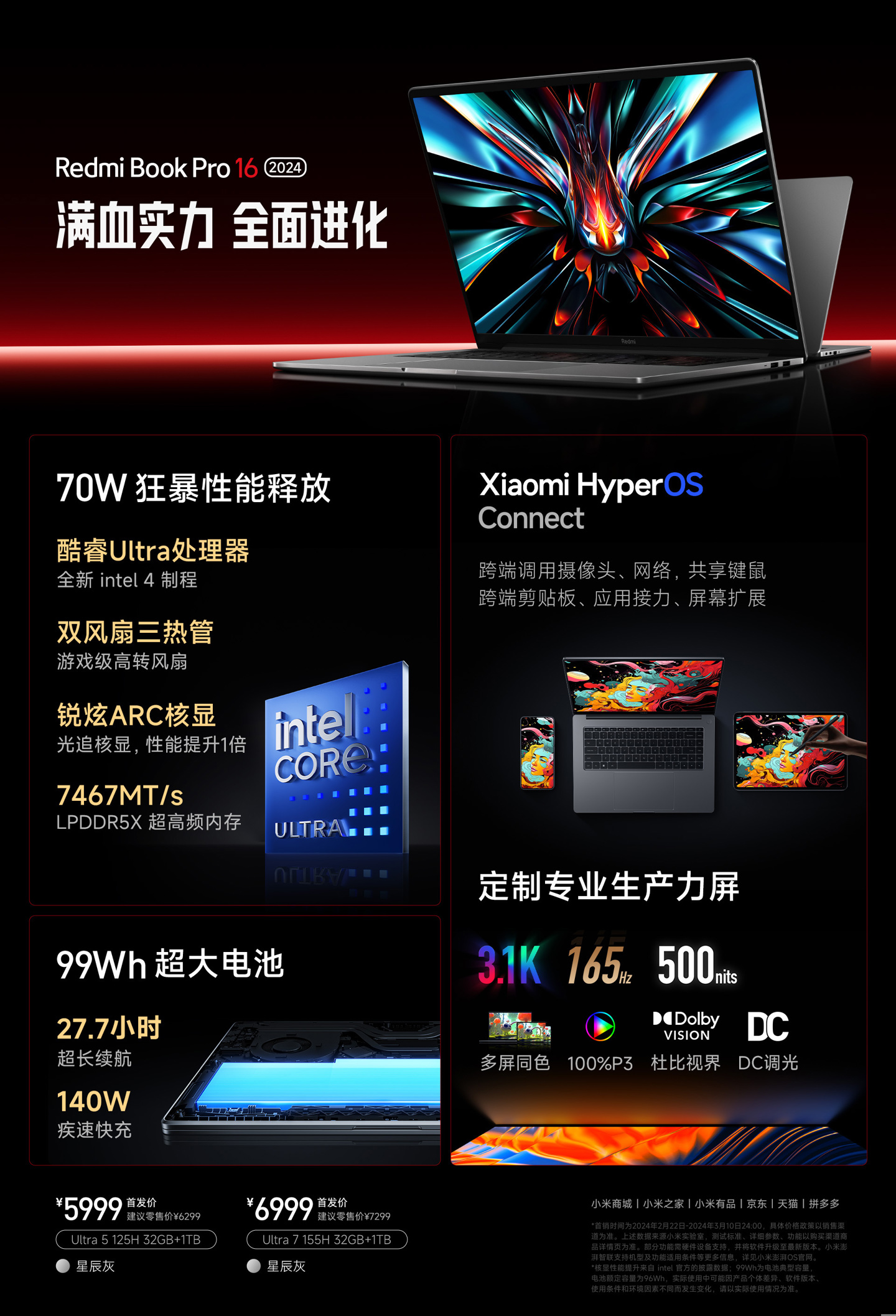 4999 元起,小米 Redmi Book Pro 14/16 2024 笔记本发布:Ultra 5/7 处理器,接入澎湃智联