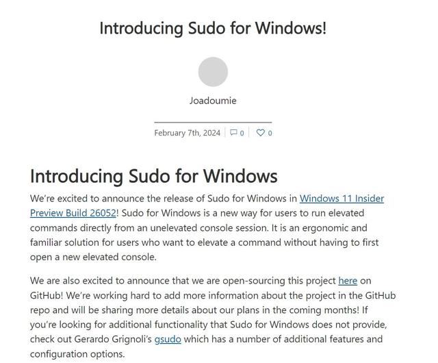 微软证实Win11预览版Build 26052已集成Sudo命令支持