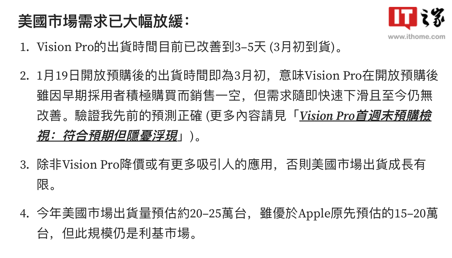 郭明錤：苹果 Vision Pro 在美市场需求显著减缓，预计将在WWDC前在更多市场推出