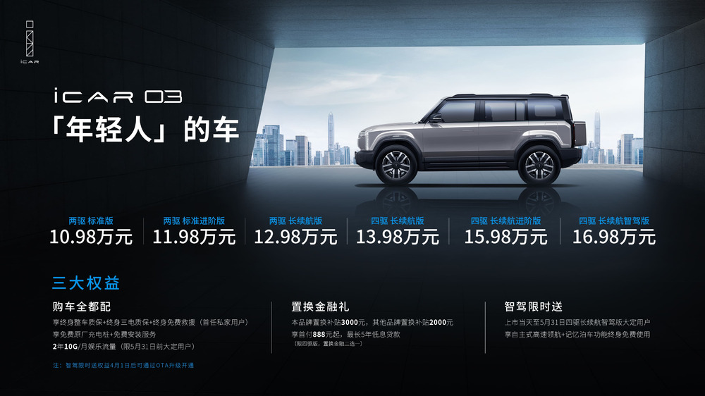 iCAR 03全铝电四驱SUV领潮者正式上市，售价10.98万元起