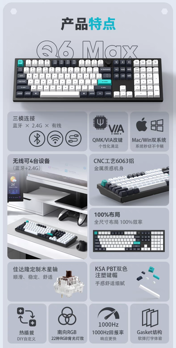 Keychron 推出 Q6 Max 三模机械键盘：全尺寸布局、佳达隆定制木星轴，售价 1178 元起