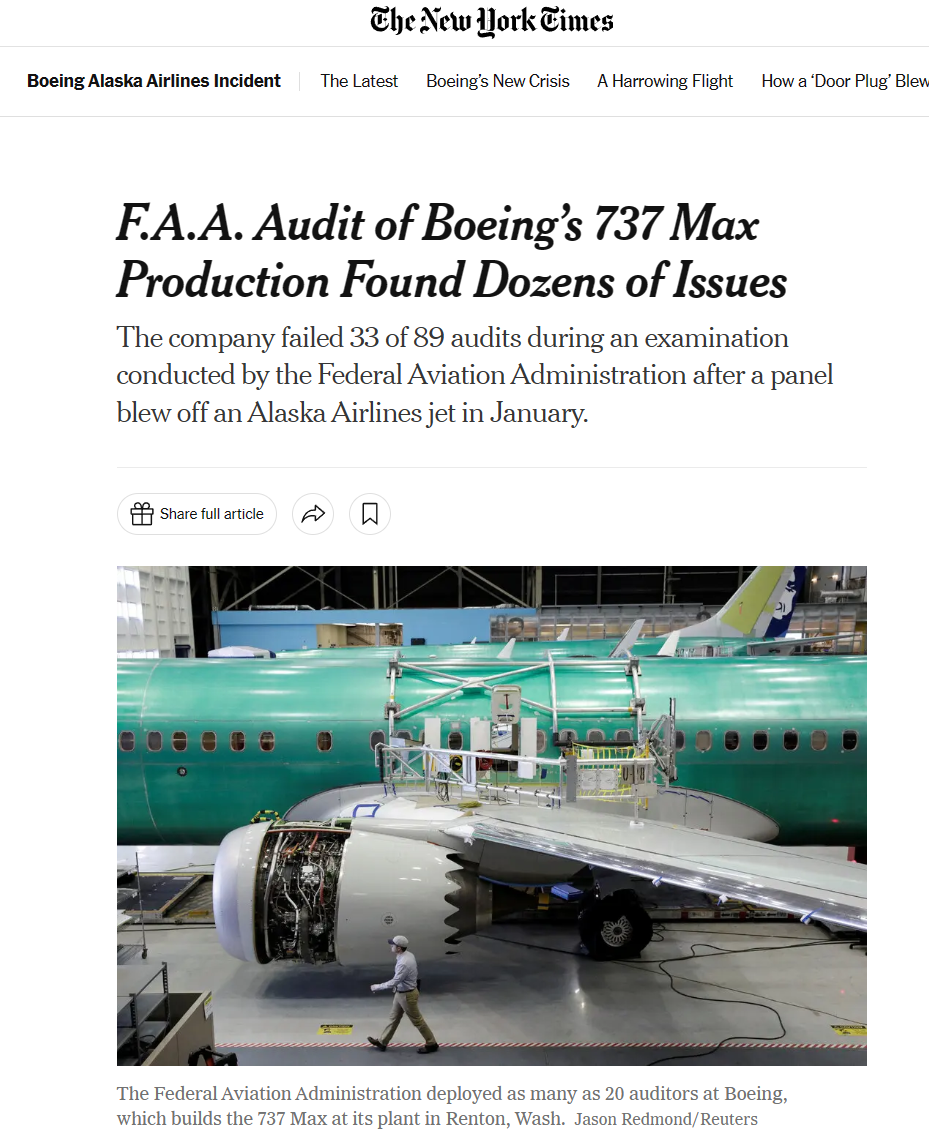 美国 FAA 发布波音 737 Max 客机审计报告：37% 的项目未通过审核