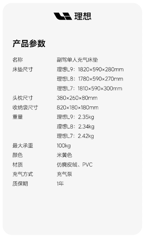 理想汽车推出副驾单人充气床垫,2分钟快速充气,499元享舒适出行