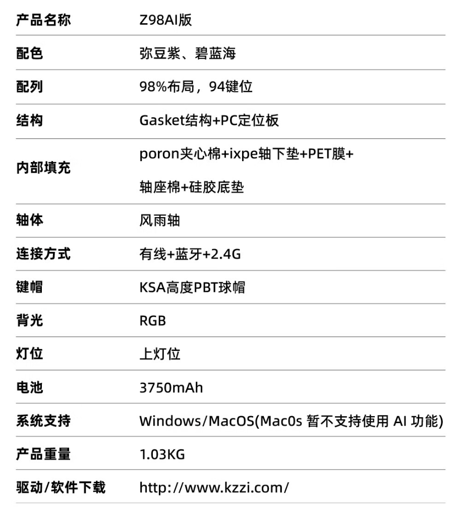 珂芝 Z98AI 三模机械键盘上架:主打人工智能功能、Gasket 结构,599 元