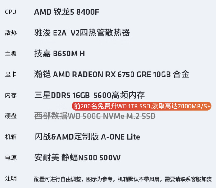 AMD AM5 台式主机配置上新:R5-8400F + 16GB + 1TB + RX6750GRE,3999 元起