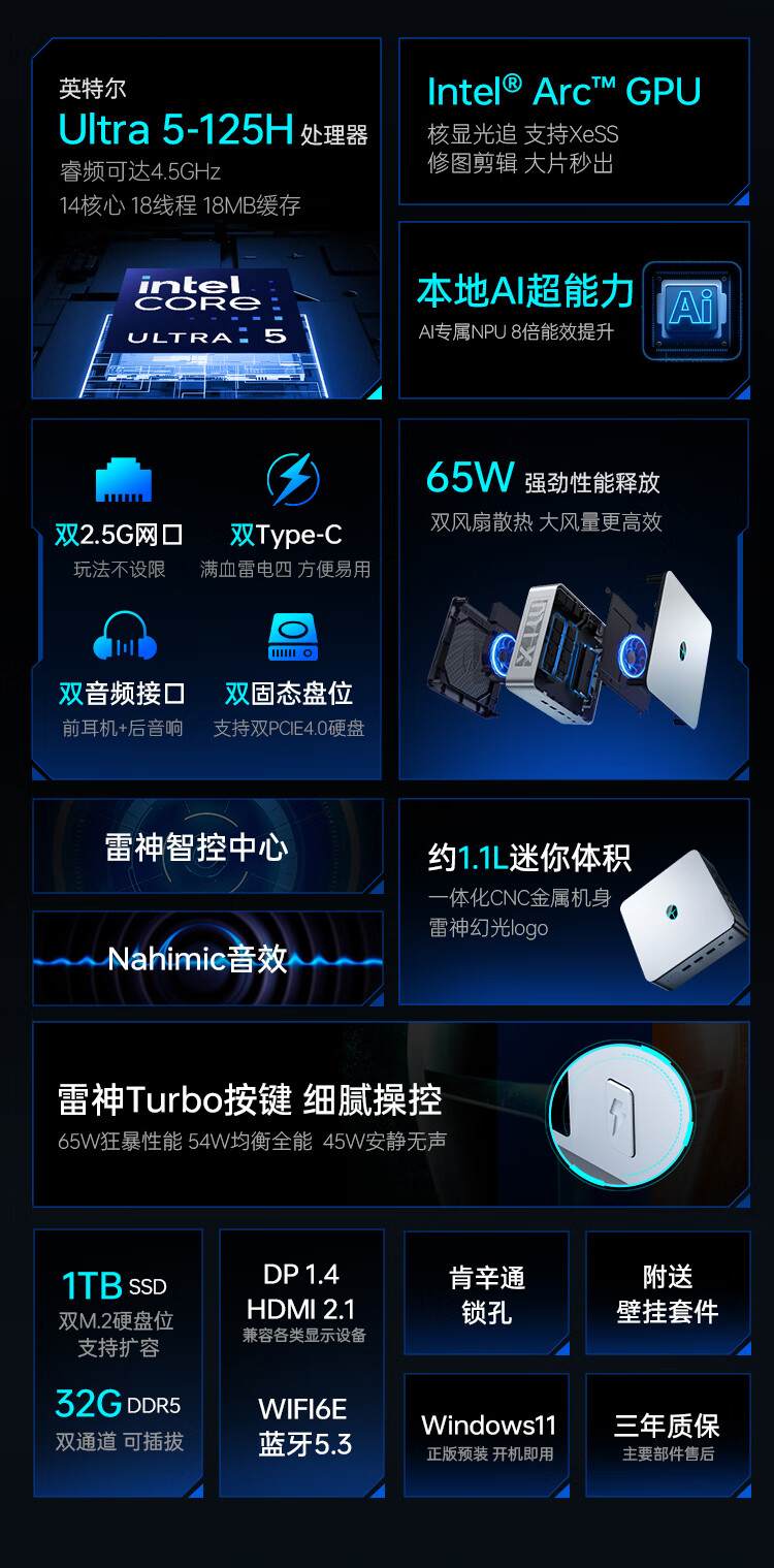 雷神 MIX PRO 迷你主机上市:Ultra 5 125H 准系统售价 2999 元