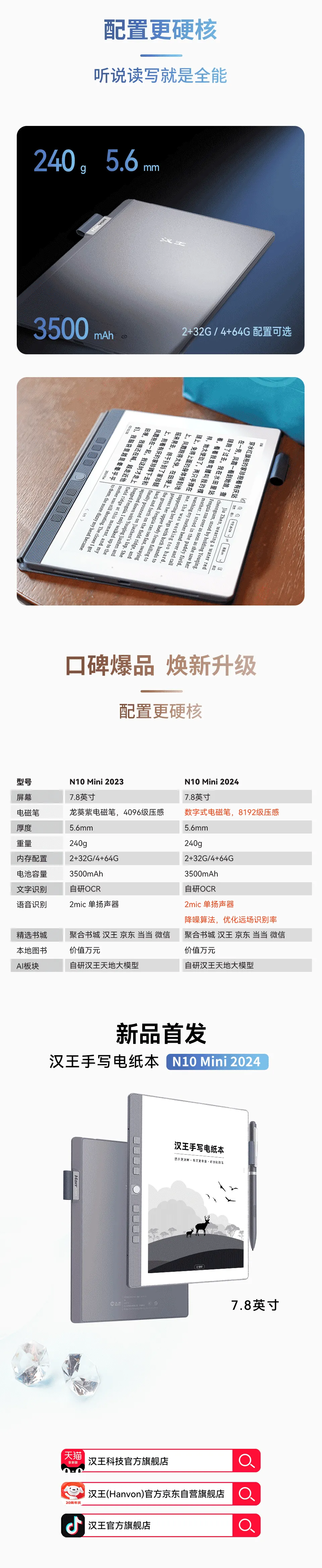 汉王发布 N10 2024 和 N10 Mini 2024 电纸本:2399 元和 1879 元,8192 级手写笔