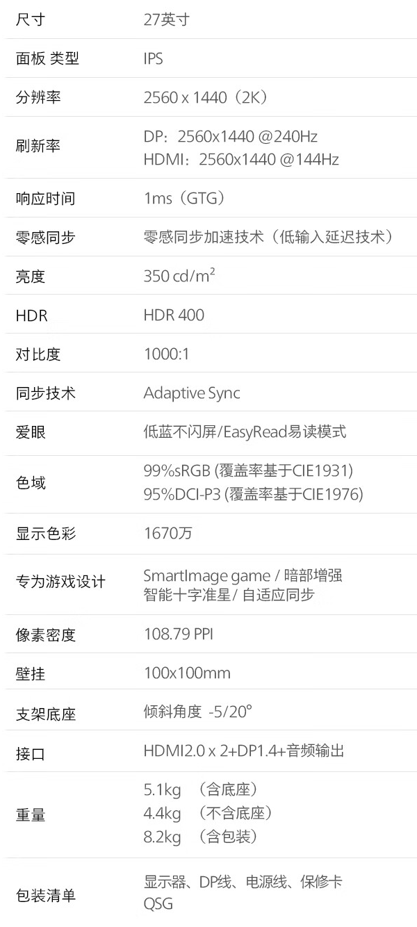 飞利浦“27M3N3540P”27 英寸显示器上架开售:2K 240Hz,1699 元