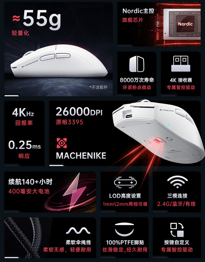 机械师 L7 Air 三模游戏鼠标 6 月 3 日开售:PAW3395、55 克,首发价 99 元起