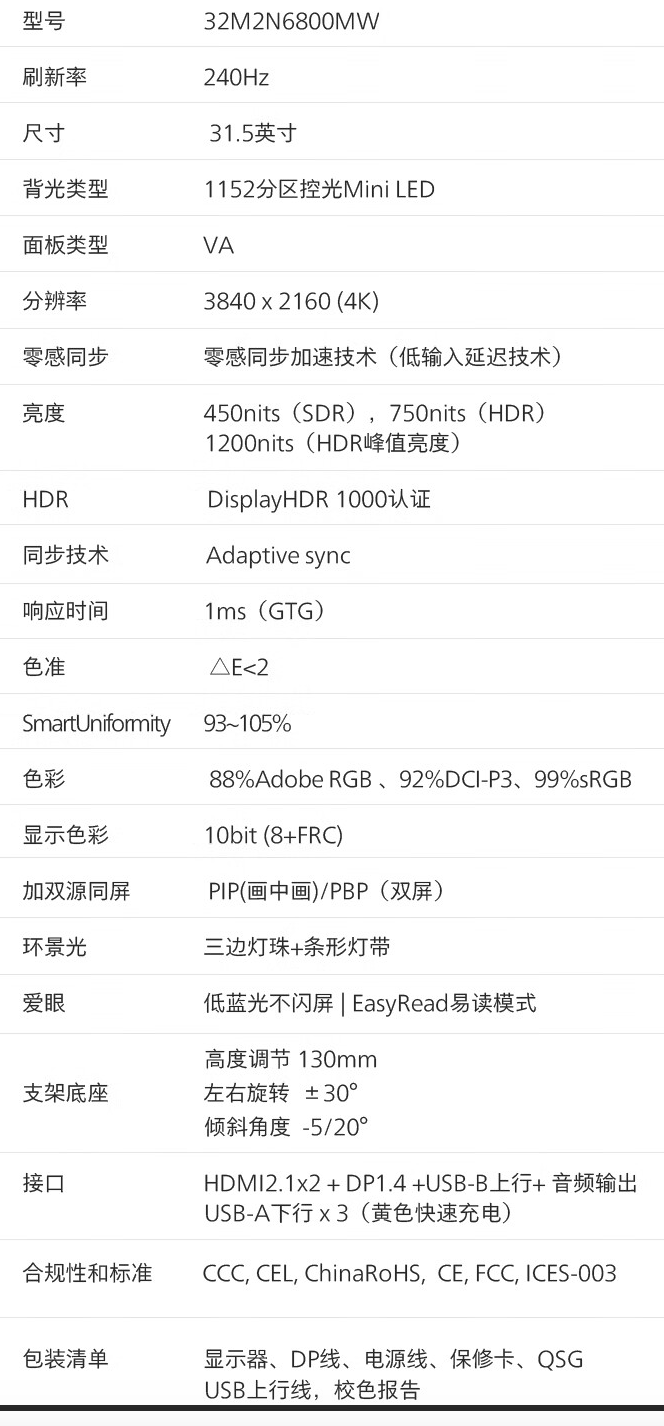 飞利浦“32M2N6800MW”31.5 英寸显示器 6 月 8 日开售：2K 240Hz Mini-LED + 1152 分区，4799 元