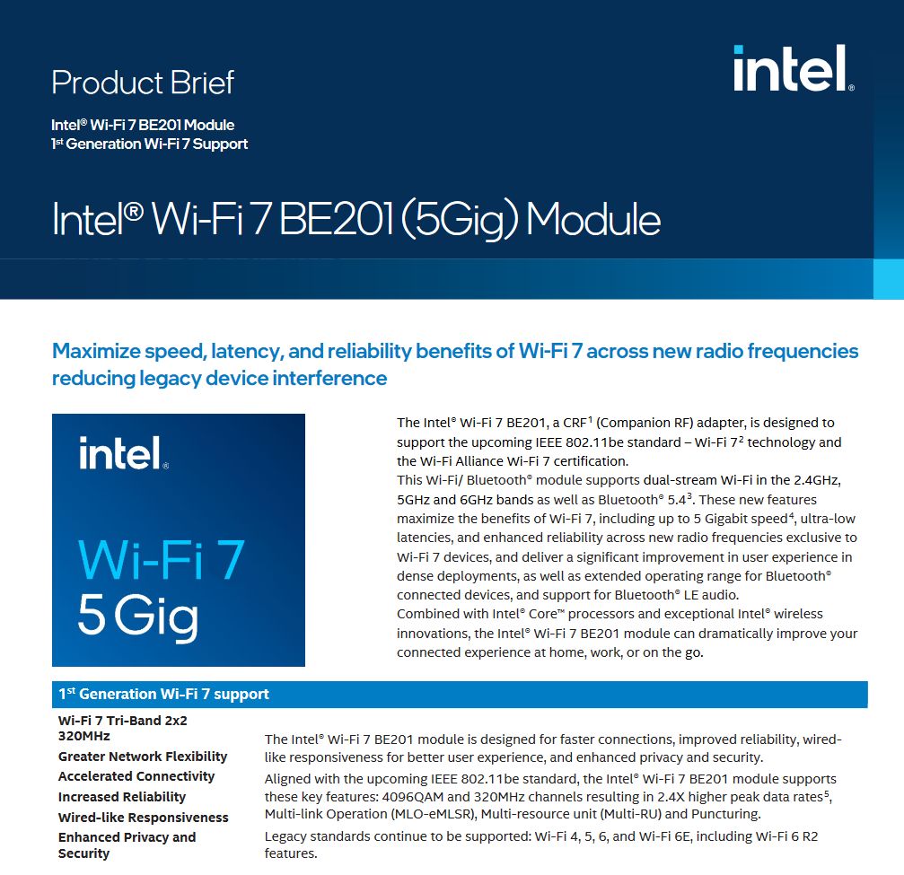 英特尔公布 Wi-Fi 7 BE201 网卡,支持 CNVio3 接口