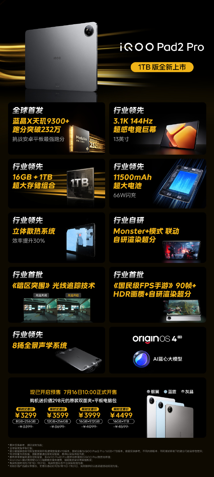 iQOO Pad2 Pro 1TB 版平板发布:跑分突破 232 万,限时到手 4499 元