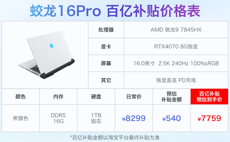 机械革命蛟龙 16 Pro 笔记本开售:R9 7845HX+RTX4070,首发 8299 元