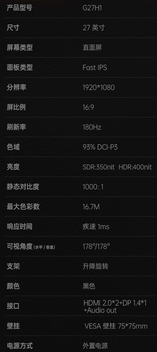 HKC“G27H1”27 英寸显示器今日首销:1080P 180Hz,799 元
