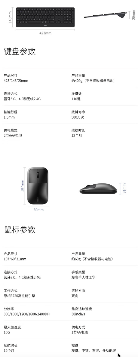 雷柏刀锋系列多模无线键鼠套装 9500S 发布:110 键、键盘手托,249 元
