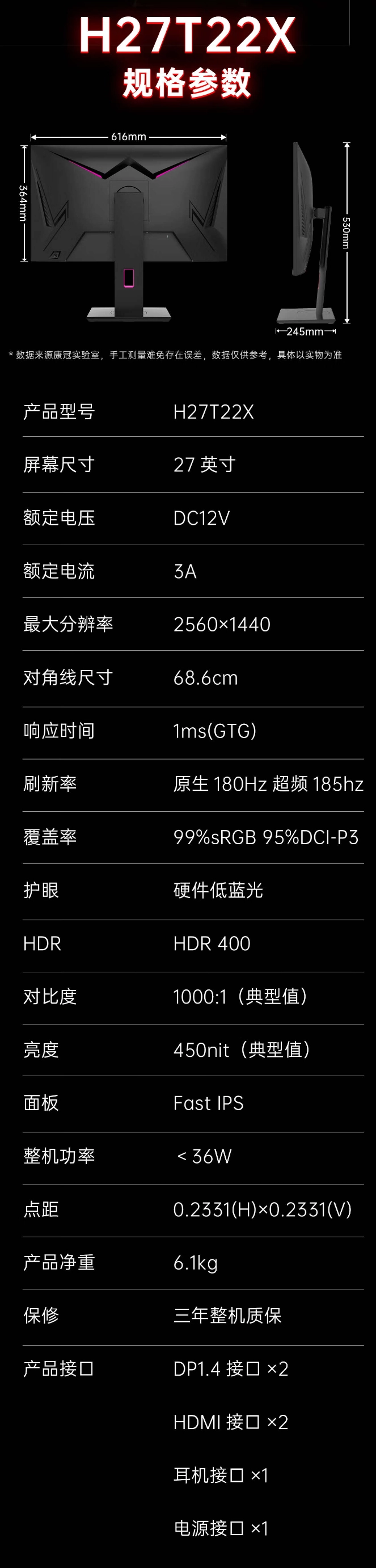 KTC H27T22X 显示器发布:2K 185Hz 屏、硬件级低蓝光,首发价 999 元