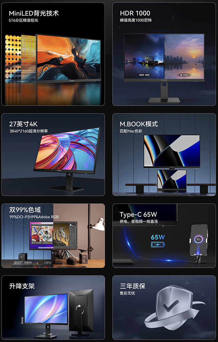 联合创新“27M3U”27 英寸显示器 6 月 20 日开售：4K 60Hz + 65W USB-C PD，1699 元
