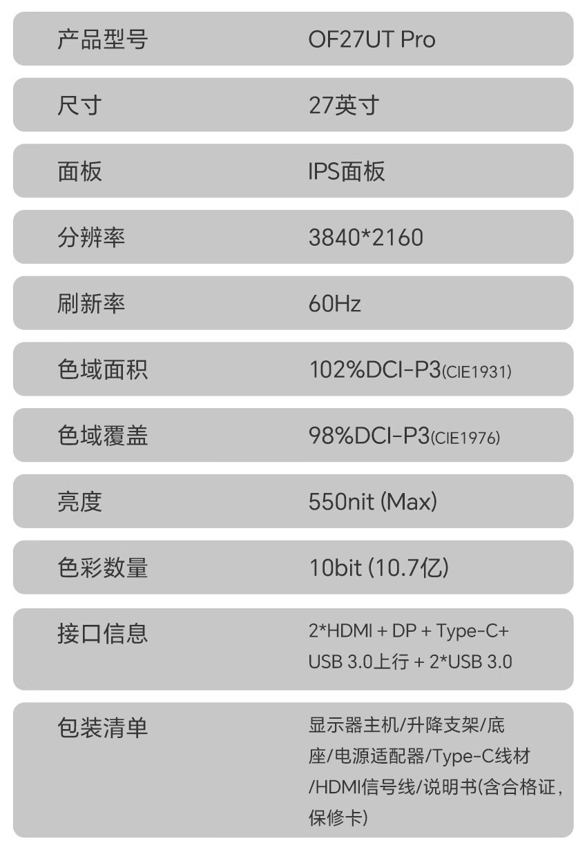 盛色 OF27UT Pro 27 英寸显示器 5 月 14 日开售:4K 60Hz + 90W PD USB-C,1399 元
