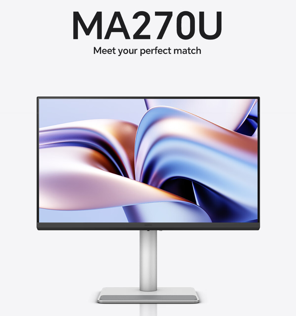 明基 27 英寸显示器 MA270U 开售:适配苹果 iKeyboard 操控、4K 分辨率,首发 4399 元