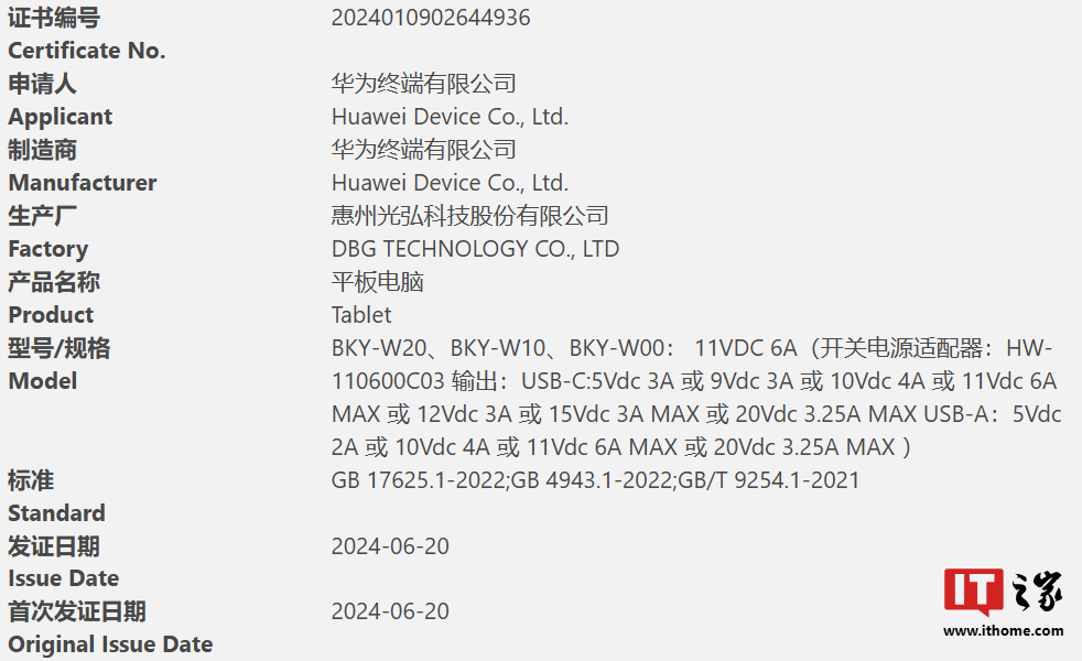 标配 66W 充电器、支持星闪，华为新款平板 BKY-W00 通过 3C 认证