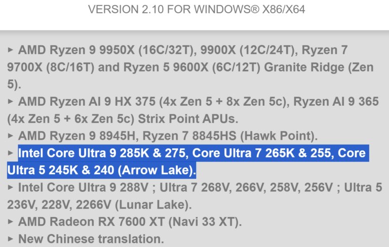 CPU-Z 2.10 更新，确认英特尔酷睿 Ultra 9 285K 等 Arrow Lake-S 处理器