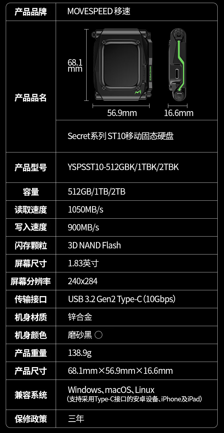 移速推出 ST10 移动硬盘：自带触控屏、读速 1050 MB/s，1TB 售 1299 元