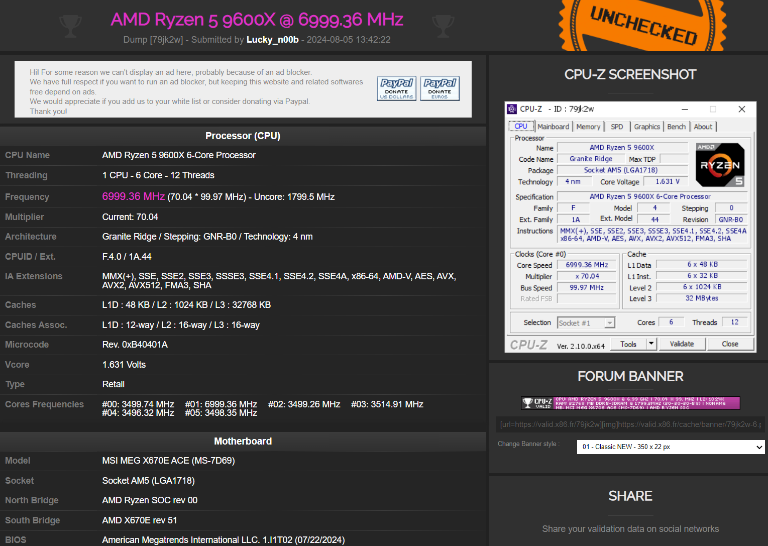 首发日当天,AMD 锐龙 R5 9600X 成功超频至 7 GHz 刷新 Zen5 处理器记录